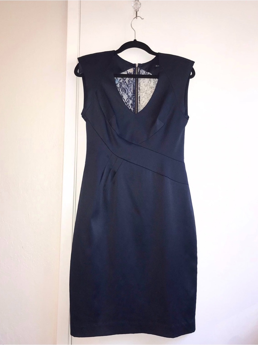 Black Halo Black Sheath satin Dress with Lace Back and shoulder pads